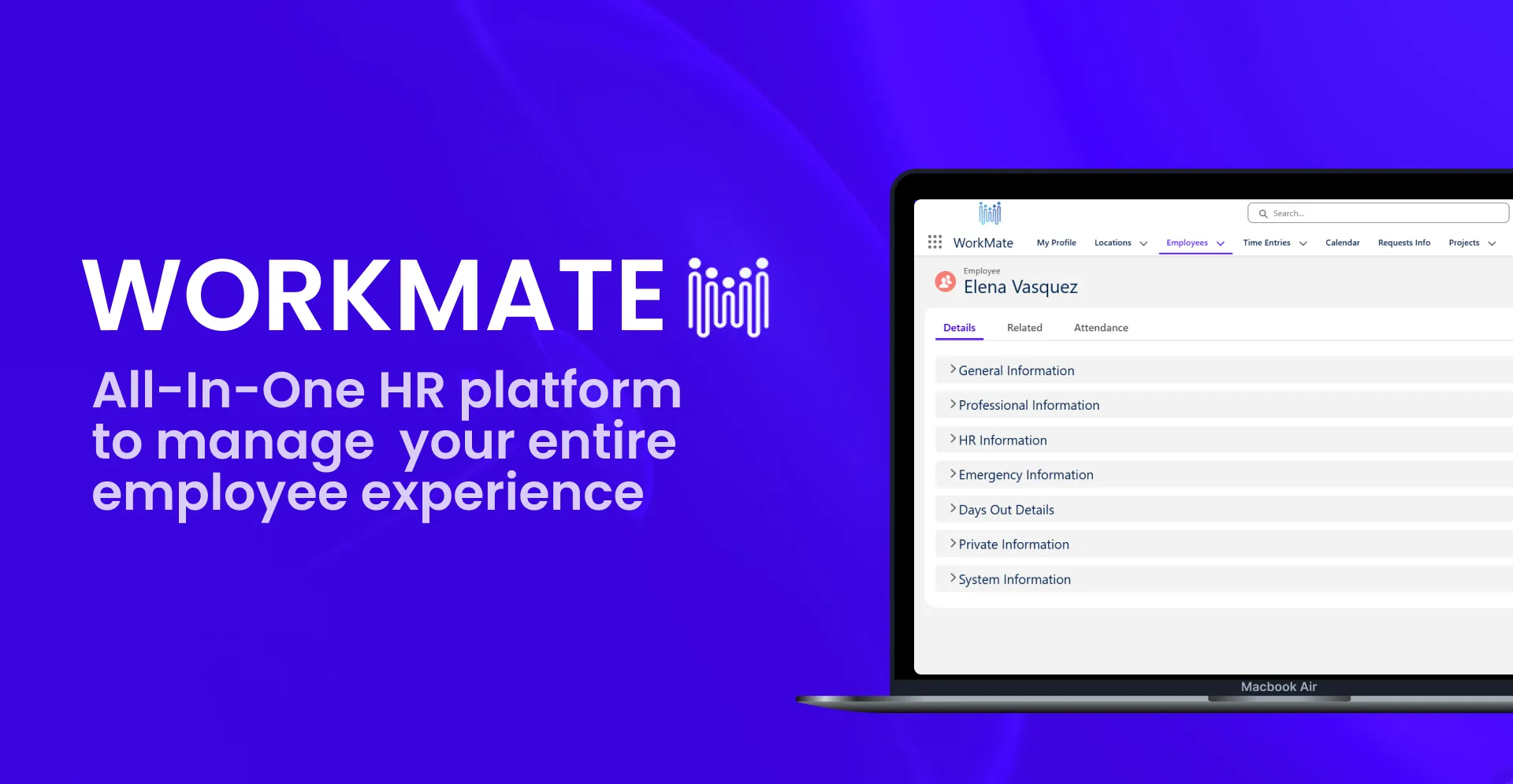 WorkMate, the all-in-one HR platform built on Salesforce, on a laptop screen